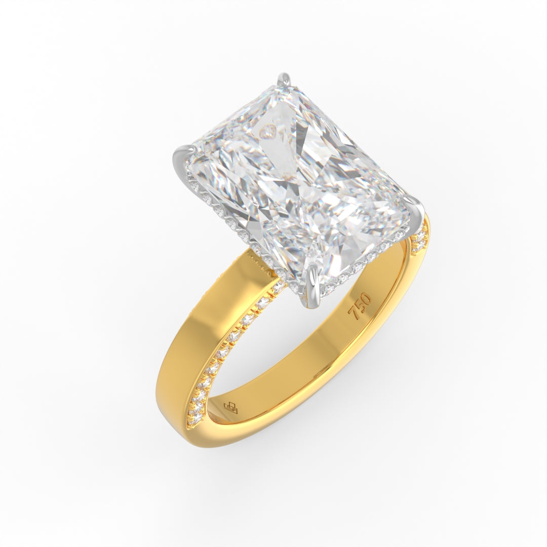 Celeste Radiant cut Lab Diamond with Cigar band and half set Diamond sides & hidden halo