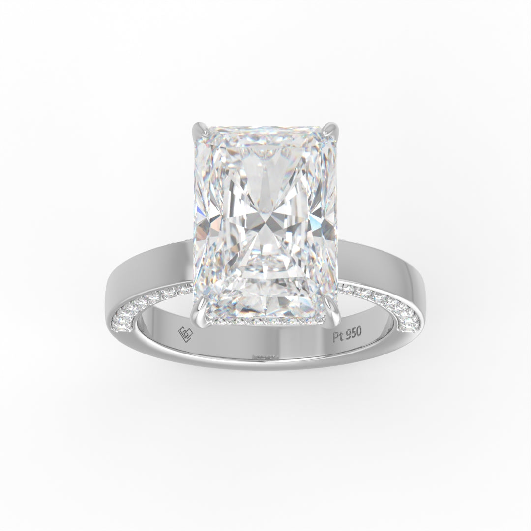 Celeste Radiant cut Lab Diamond with Cigar band and half set Diamond sides & hidden halo