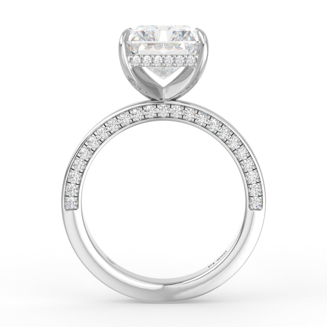 Celeste Radiant cut Lab Diamond with Cigar band and half set Diamond sides & hidden halo