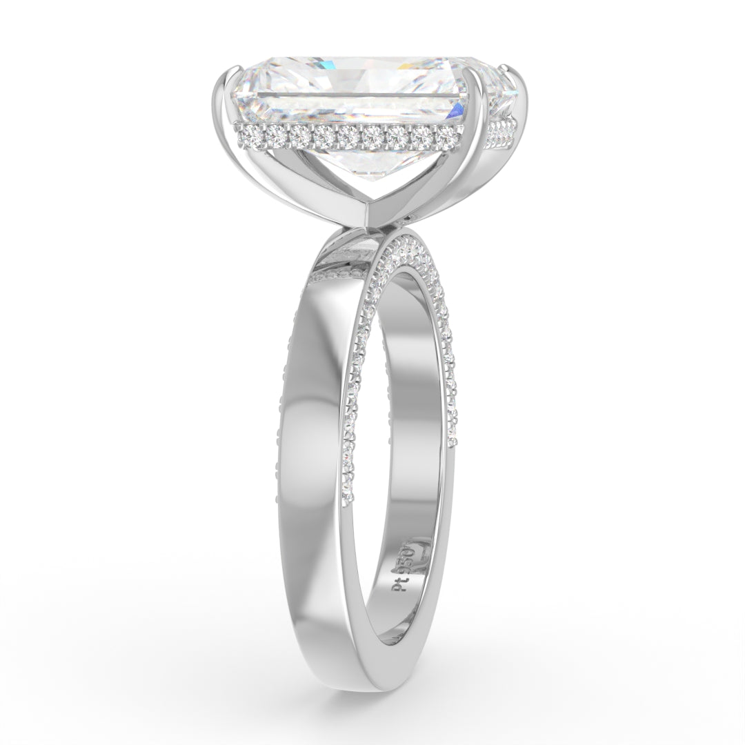 Celeste Radiant cut Lab Diamond with Cigar band and half set Diamond sides & hidden halo