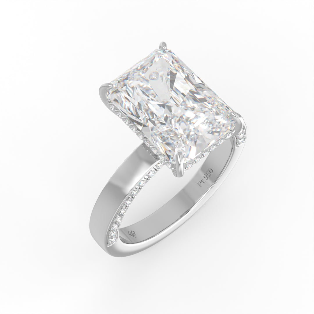 Celeste Radiant cut Lab Diamond with Cigar band and half set Diamond sides & hidden halo