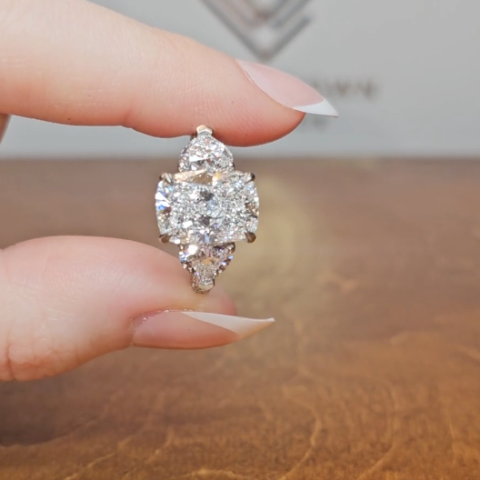 Victoria Cushion Cut Diamond Engagement Ring with Heart Cut Side Diamonds and 3D Diamond Band