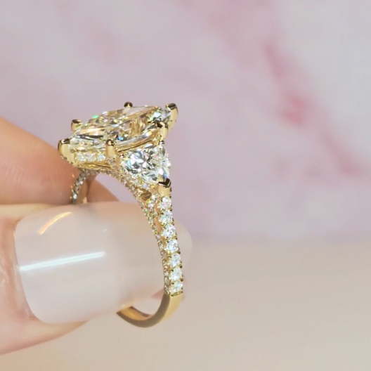 Victoria Marquise Cut Diamond Engagement Ring with Heart Cut Side Diamonds and 3D Diamond Band