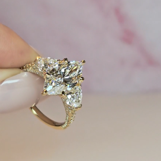 Victoria Marquise Cut Diamond Engagement Ring with Heart Cut Side Diamonds and 3D Diamond Band