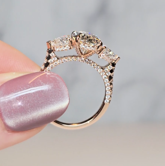 Victoria Oval Cut Diamond Engagement Ring with Heart Cut Side Diamonds and 3D Diamond Band
