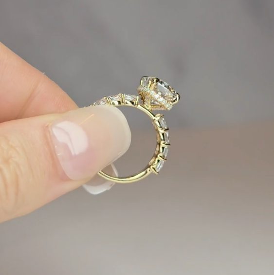 Vivien Cushion Brilliant Cut Engagement Ring with Cushion Brilliant Diamond Band and Wrap Around Hidden Halo