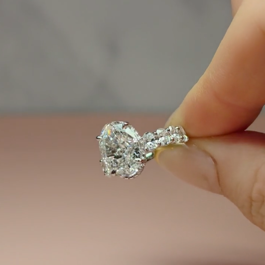 Vivien Oval Brilliant Cut Engagement Ring with Oval Brilliant Diamond Band and Wrap Around Hidden Halo
