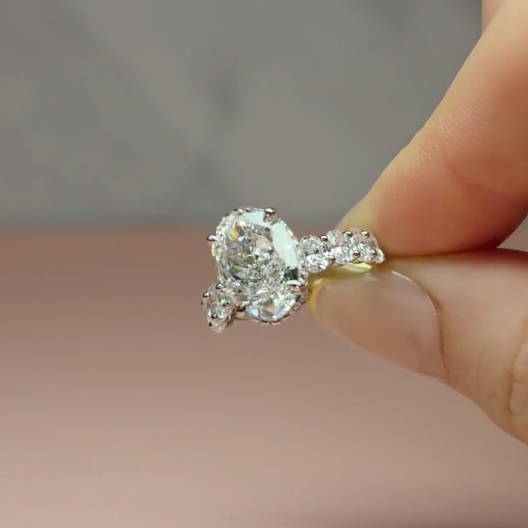 Vivien Oval Brilliant Cut Engagement Ring with Oval Brilliant Diamond Band and Wrap Around Hidden Halo