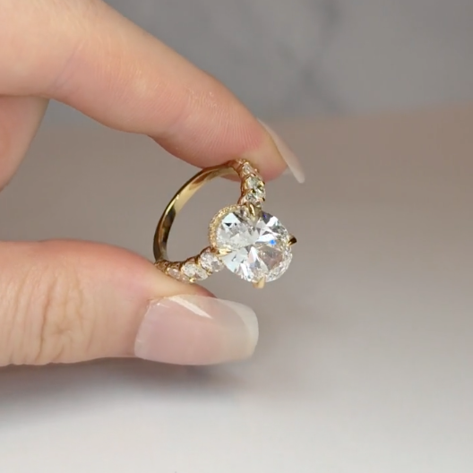 Vivien Oval Brilliant Cut Engagement Ring with Oval Brilliant Diamond Band and Wrap Around Hidden Halo