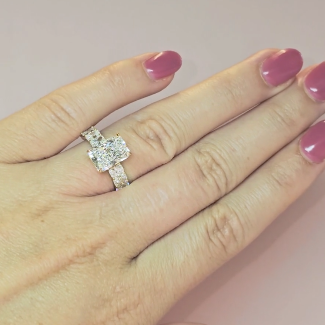 Vivien Radiant Brilliant Cut Engagement Ring with Radiant Brilliant Diamond Band and Wrap Around Hidden Halo