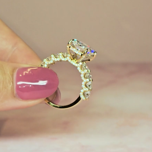 Vivien Radiant Brilliant Cut Engagement Ring with Radiant Brilliant Diamond Band and Wrap Around Hidden Halo