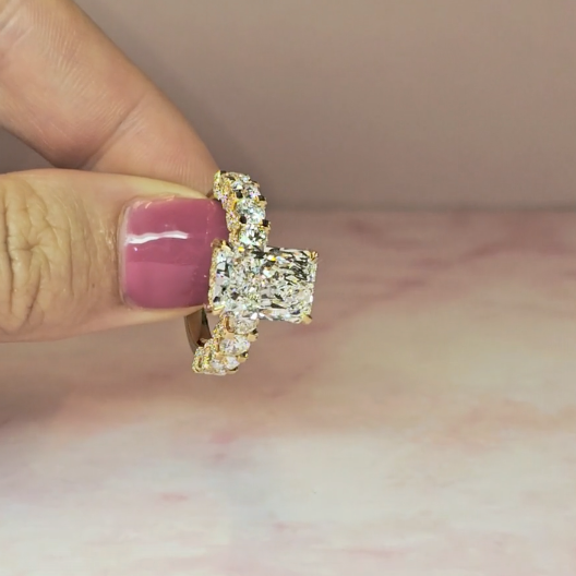 Vivien Radiant Brilliant Cut Engagement Ring with Radiant Brilliant Diamond Band and Wrap Around Hidden Halo