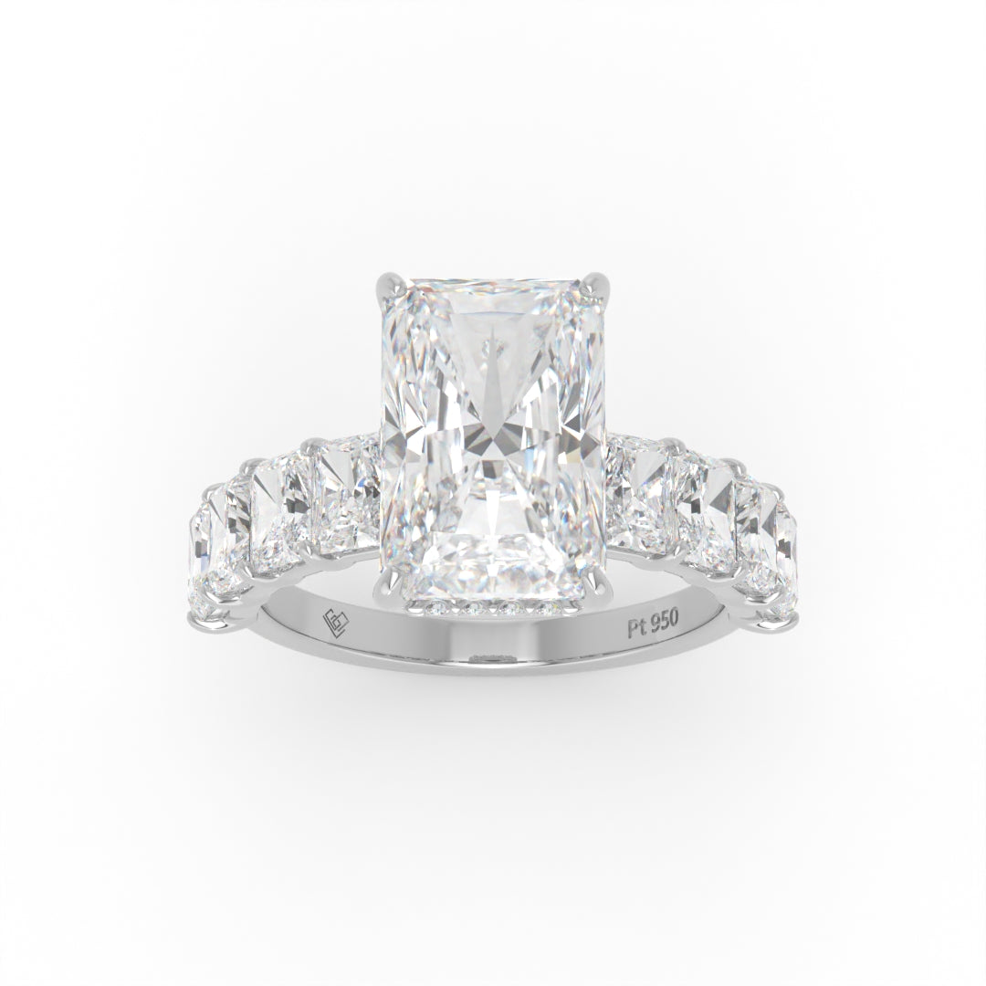 Vivien Radiant Brilliant Cut Engagement Ring with Radiant Brilliant Diamond Band and Wrap Around Hidden Halo