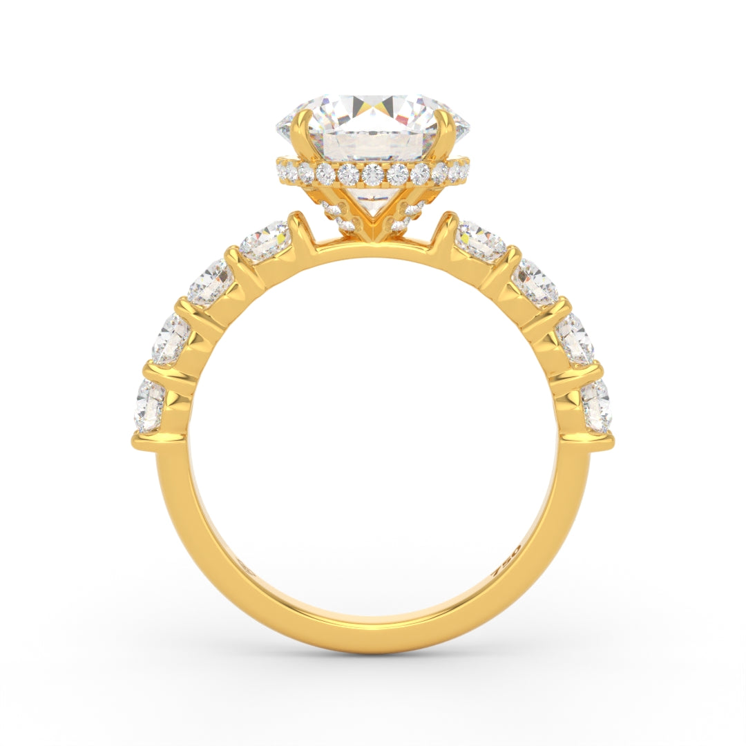 Vivien Round Brilliant Cut Engagement Ring with Round Brilliant Diamond Band and Wrap Around Hidden Halo