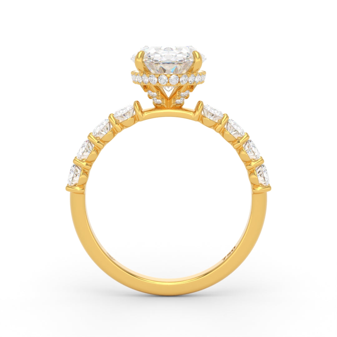 Vivien Oval Brilliant Cut Engagement Ring with Oval Brilliant Diamond Band and Wrap Around Hidden Halo