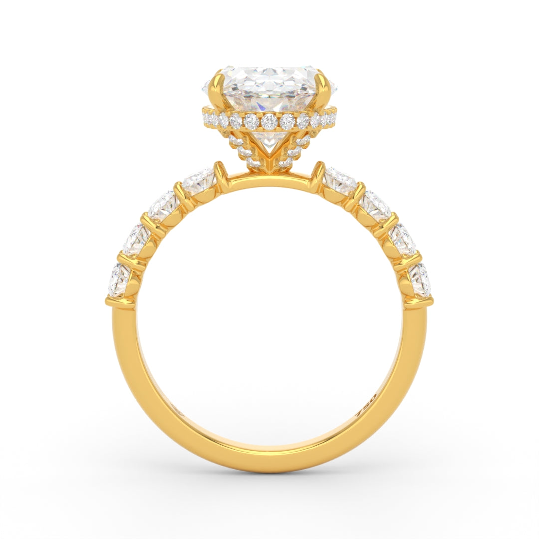 Vivien Oval Brilliant Cut Engagement Ring with Oval Brilliant Diamond Band and Wrap Around Hidden Halo