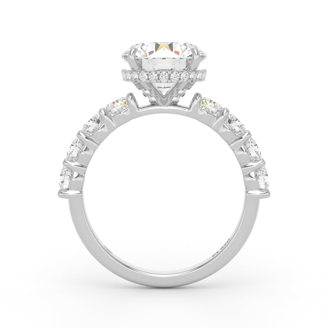 Vivien Round Brilliant Cut Engagement Ring with Round Brilliant Diamond Band and Wrap Around Hidden Halo