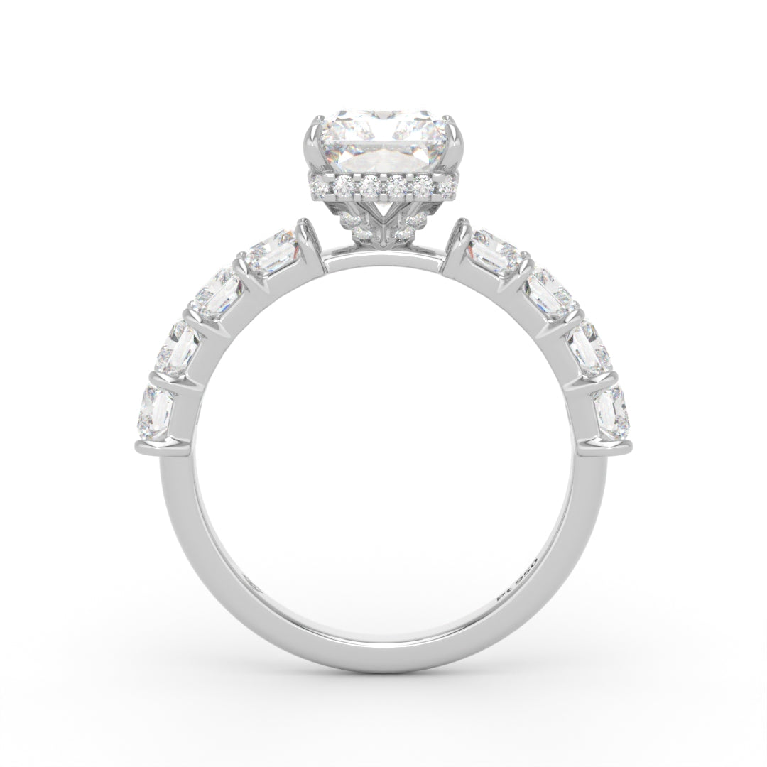 Vivien Radiant Brilliant Cut Engagement Ring with Radiant Brilliant Diamond Band and Wrap Around Hidden Halo