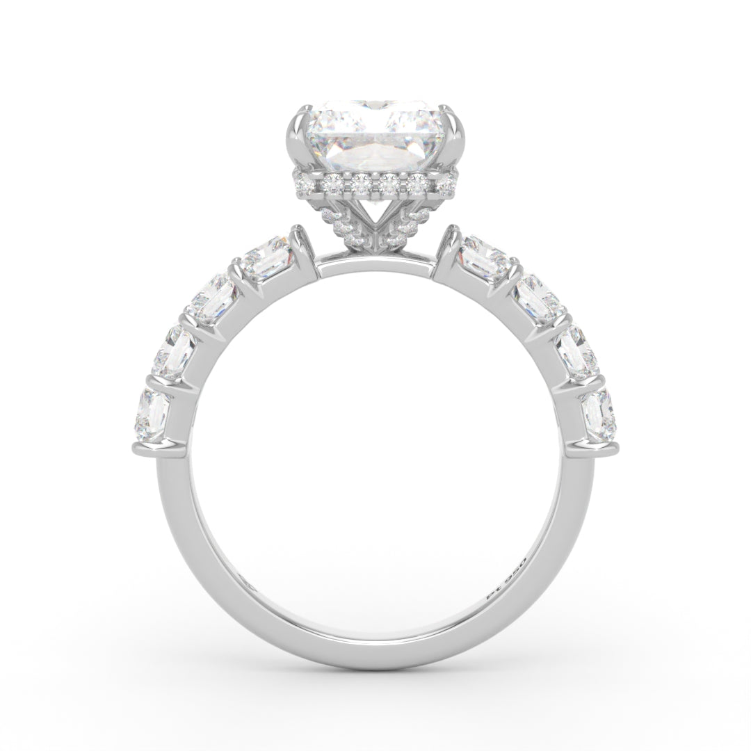 Vivien Radiant Brilliant Cut Engagement Ring with Radiant Brilliant Diamond Band and Wrap Around Hidden Halo