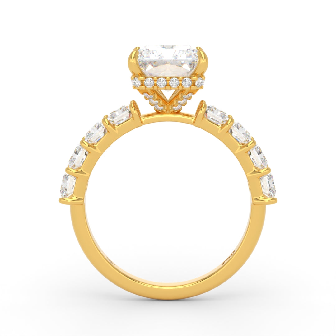 Vivien Radiant Brilliant Cut Engagement Ring with Radiant Brilliant Diamond Band and Wrap Around Hidden Halo