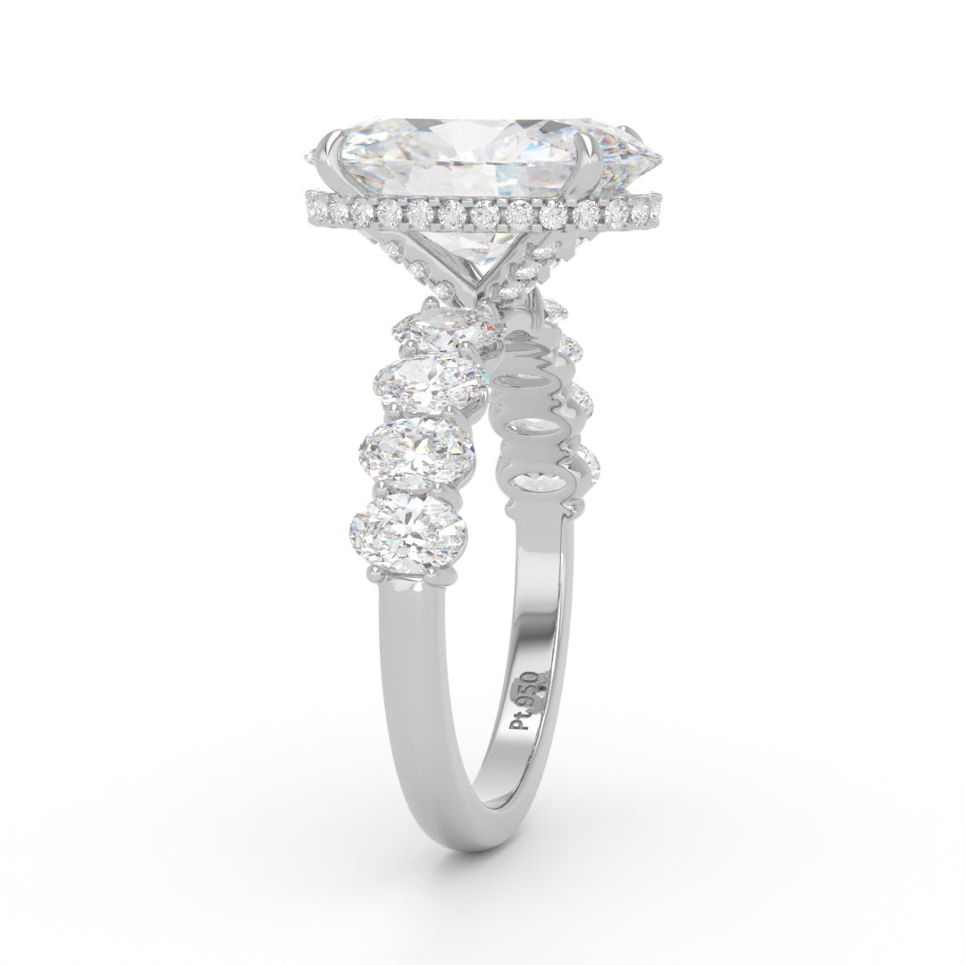 Vivien Oval Brilliant Cut Engagement Ring with Oval Brilliant Diamond Band and Wrap Around Hidden Halo