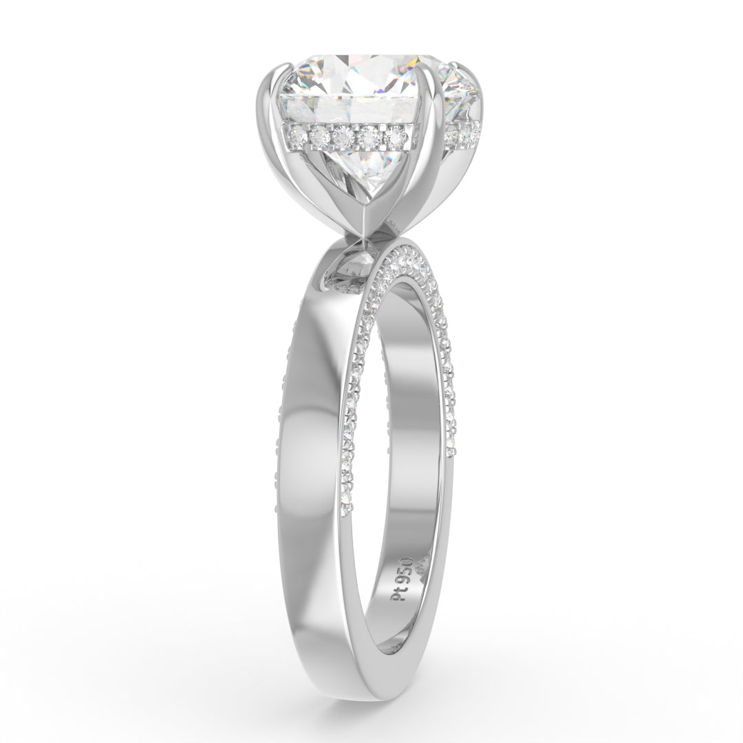 Celeste Round cut Lab Diamond with Cigar Band and Half set Diamond Sides & Hidden Halo