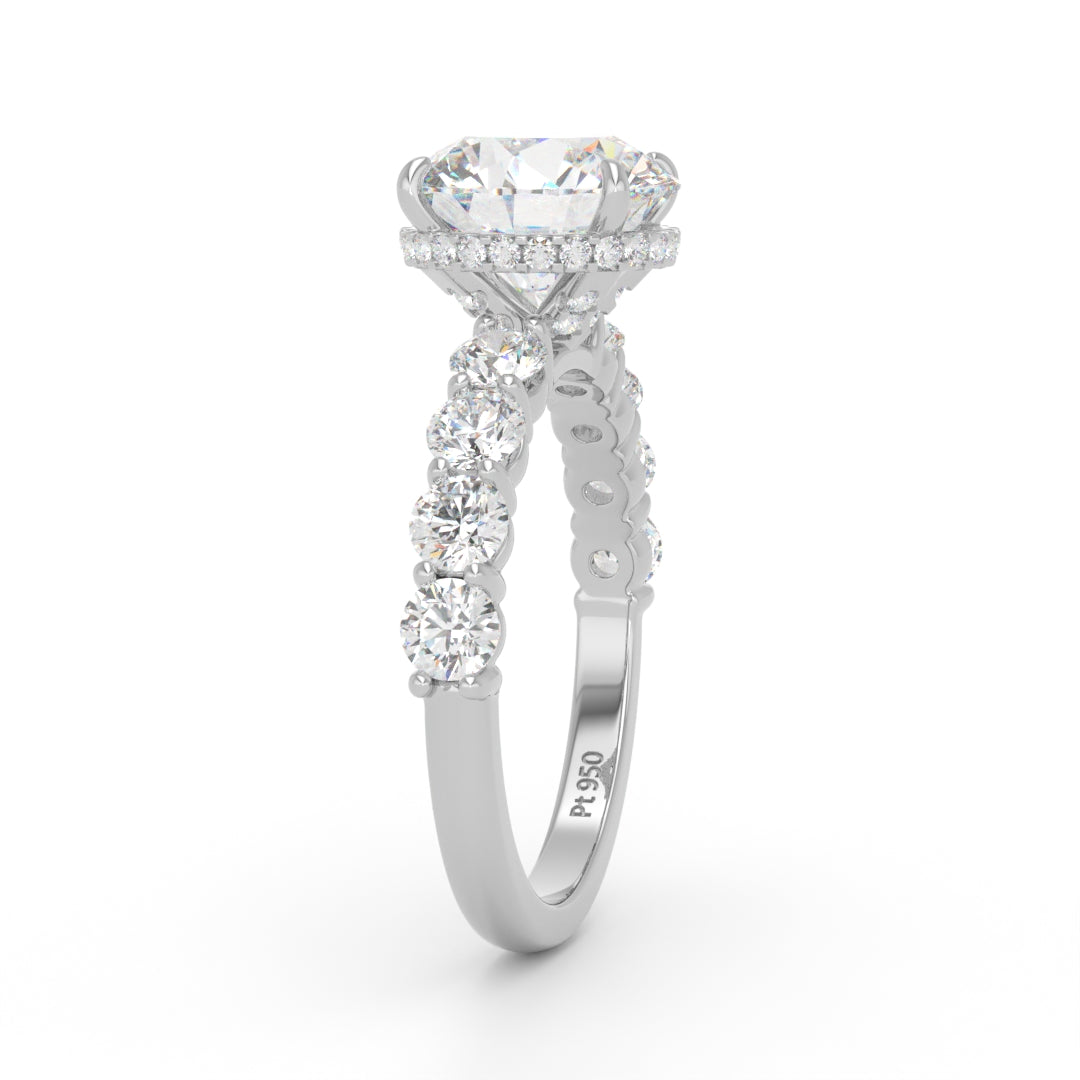Vivien Round Brilliant Cut Engagement Ring with Round Brilliant Diamond Band and Wrap Around Hidden Halo