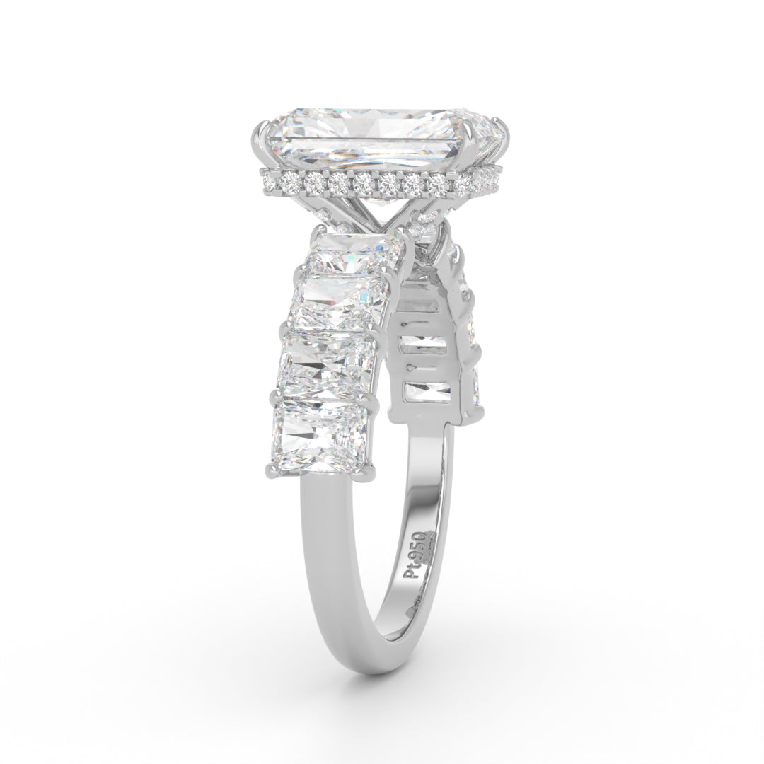 Vivien Radiant Brilliant Cut Engagement Ring with Radiant Brilliant Diamond Band and Wrap Around Hidden Halo
