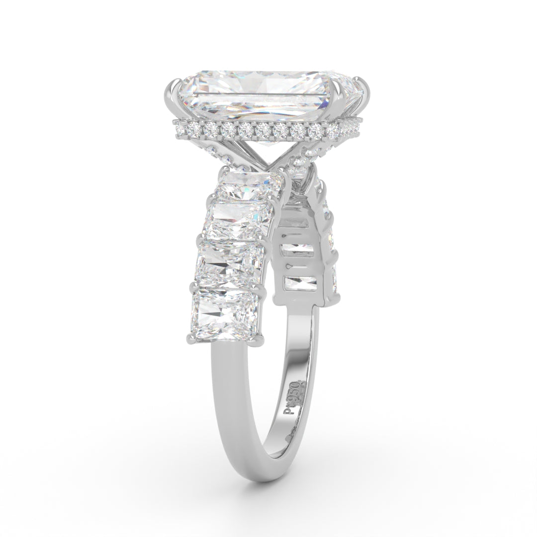 Vivien Radiant Brilliant Cut Engagement Ring with Radiant Brilliant Diamond Band and Wrap Around Hidden Halo