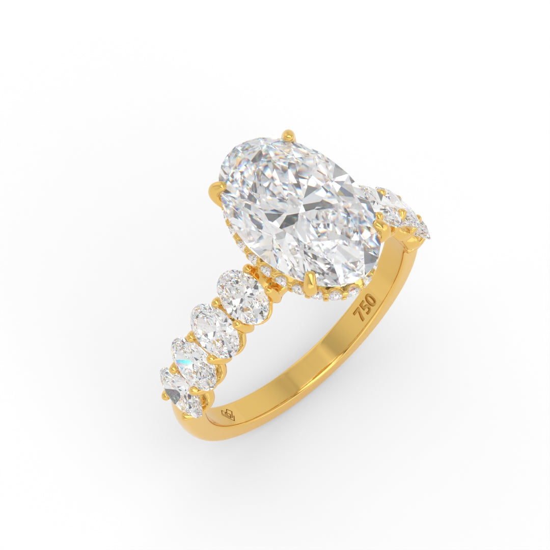 Vivien Oval Brilliant Cut Engagement Ring with Oval Brilliant Diamond Band and Wrap Around Hidden Halo