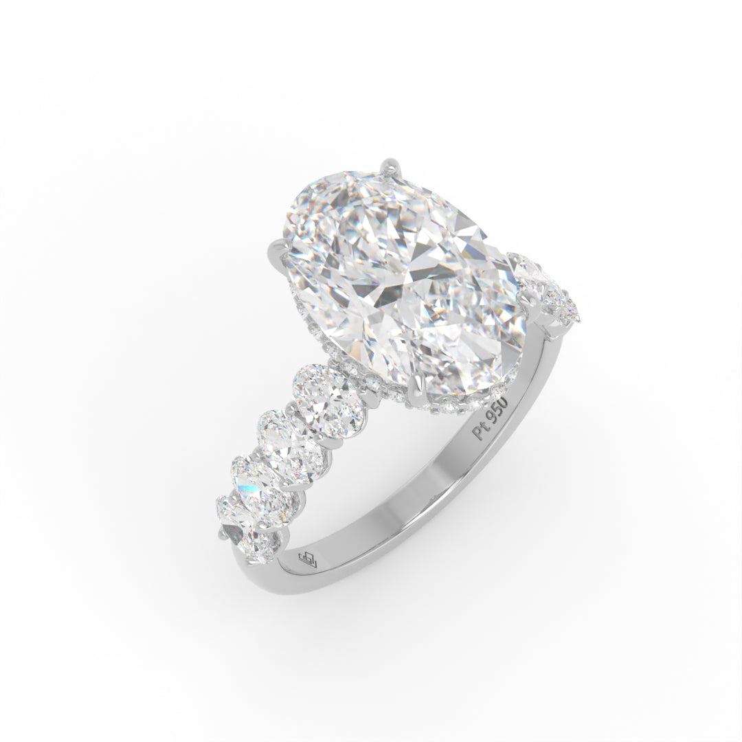 Vivien Oval Brilliant Cut Engagement Ring with Oval Brilliant Diamond Band and Wrap Around Hidden Halo