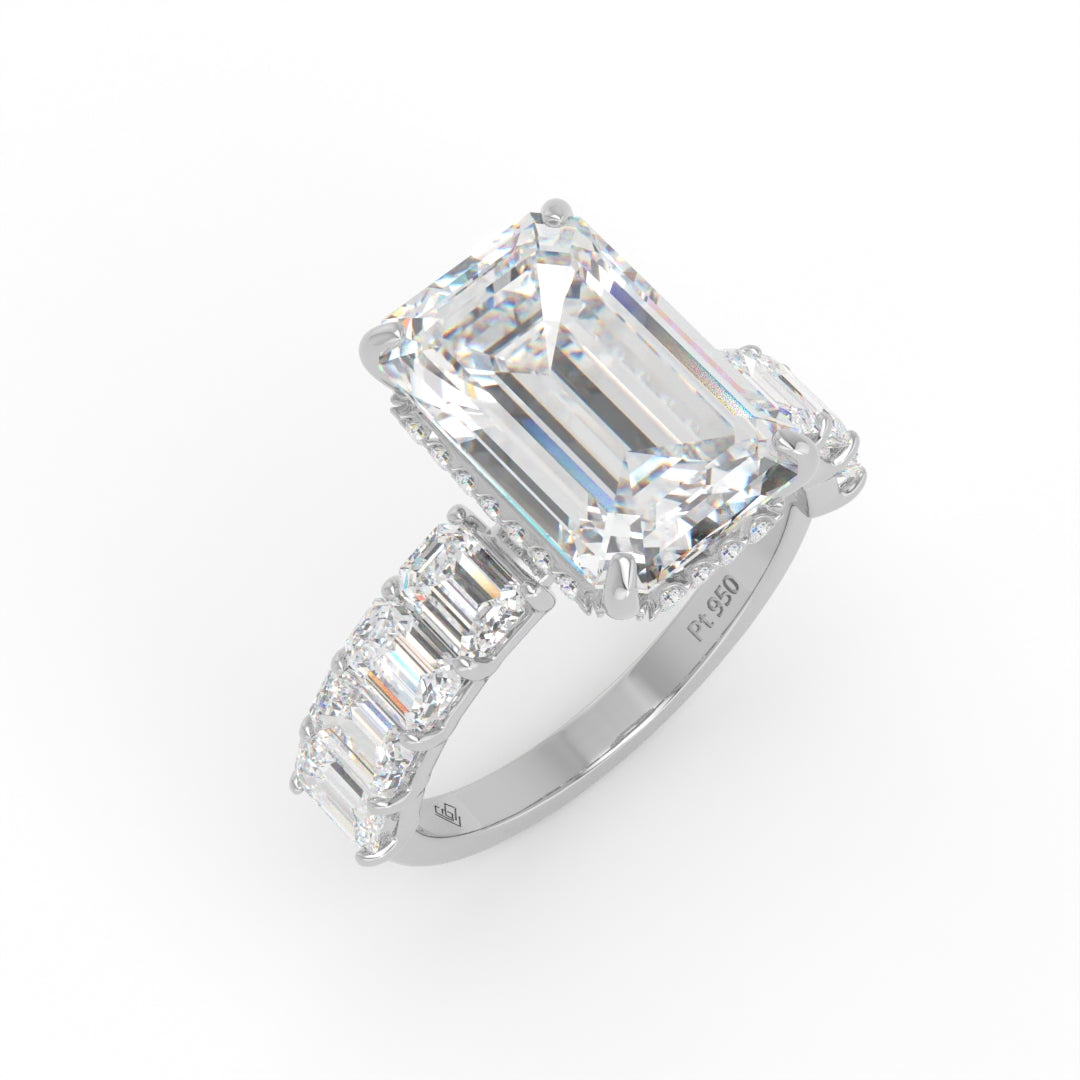 Vivien Emerald Brilliant Cut Engagement Ring with Emerald Brilliant Diamond Band and Wrap Around Hidden Halo