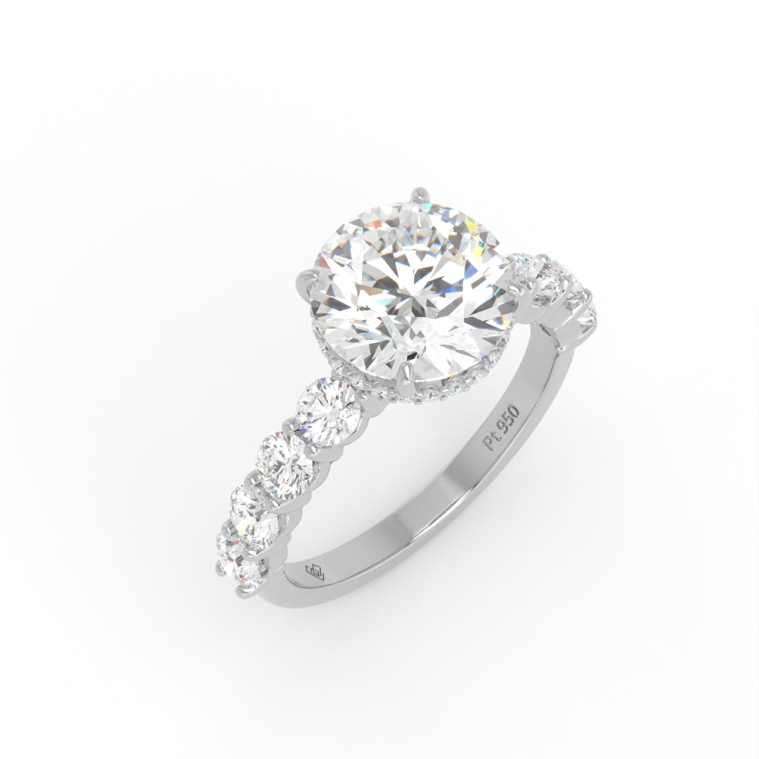 Vivien Round Brilliant Cut Engagement Ring with Round Brilliant Diamond Band and Wrap Around Hidden Halo