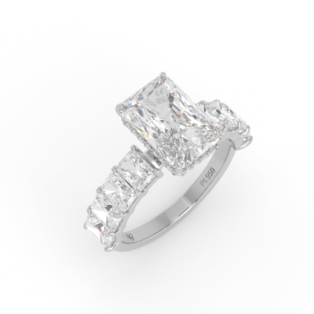 Vivien Radiant Brilliant Cut Engagement Ring with Radiant Brilliant Diamond Band and Wrap Around Hidden Halo