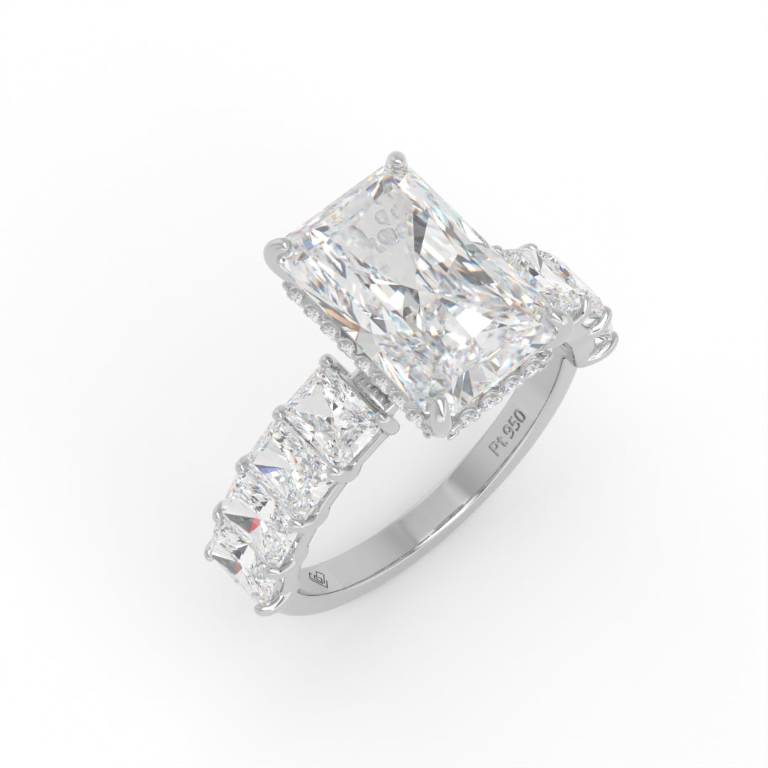 Vivien Radiant Brilliant Cut Engagement Ring with Radiant Brilliant Diamond Band and Wrap Around Hidden Halo