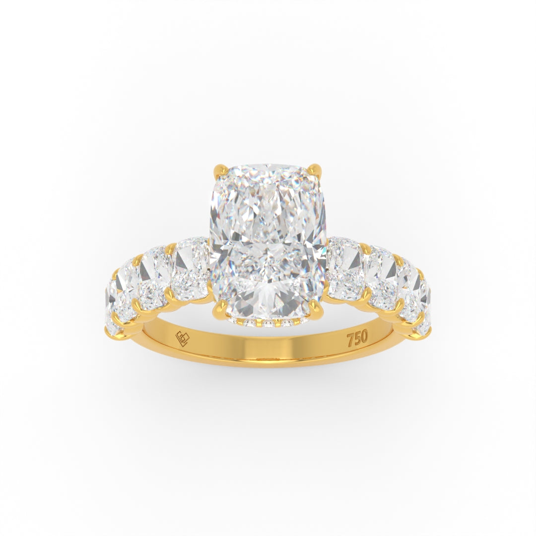 Vivien Cushion Brilliant Cut Engagement Ring with Cushion Brilliant Diamond Band and Wrap Around Hidden Halo