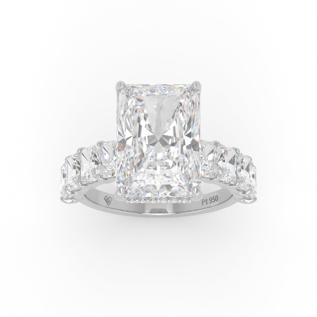 Vivien Radiant Brilliant Cut Engagement Ring with Radiant Brilliant Diamond Band and Wrap Around Hidden Halo