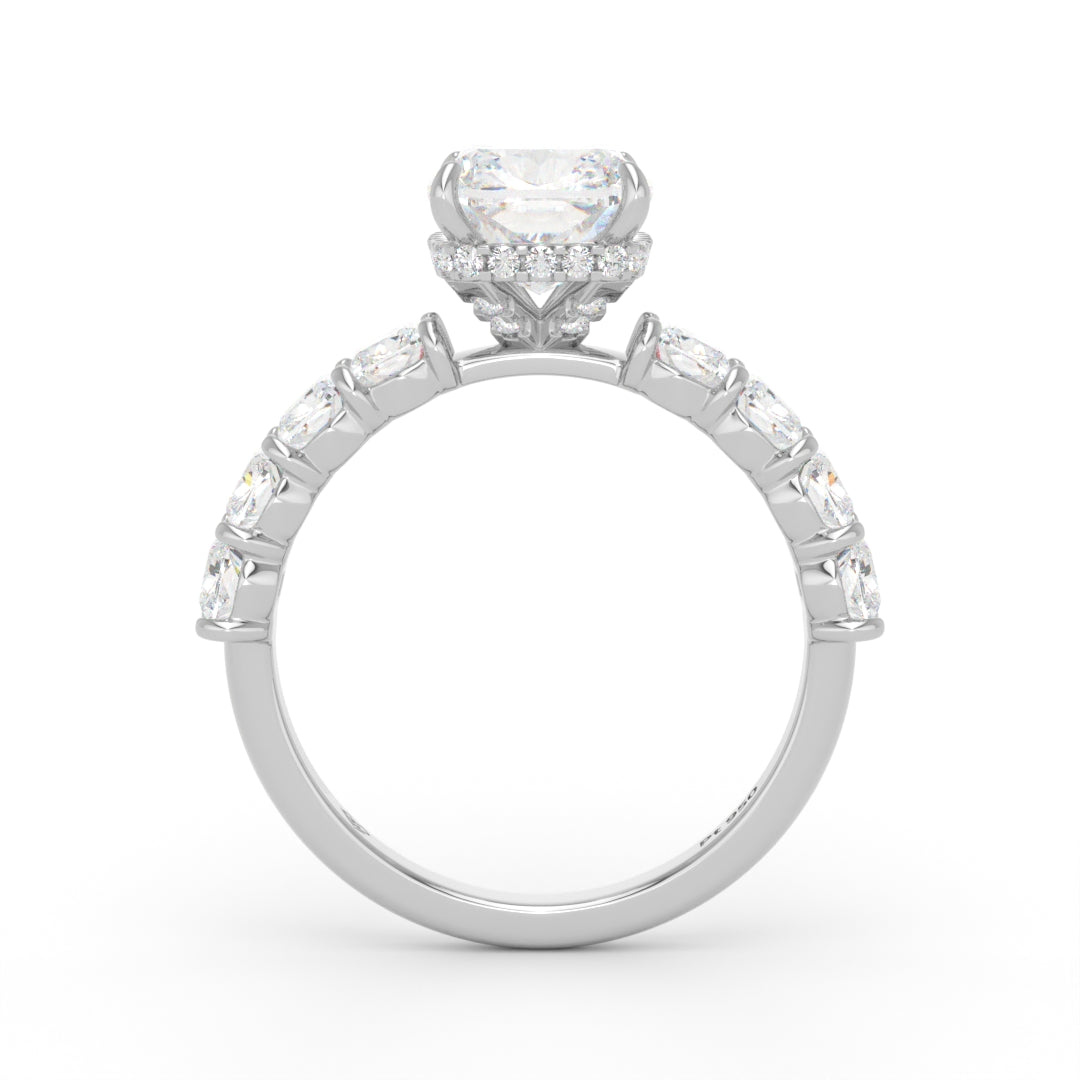Vivien Cushion Brilliant Cut Engagement Ring with Cushion Brilliant Diamond Band and Wrap Around Hidden Halo