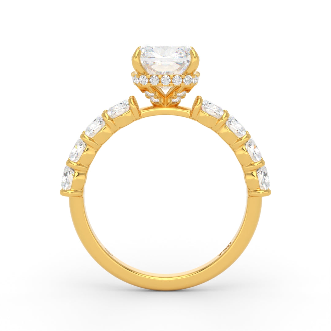 Vivien Cushion Brilliant Cut Engagement Ring with Cushion Brilliant Diamond Band and Wrap Around Hidden Halo