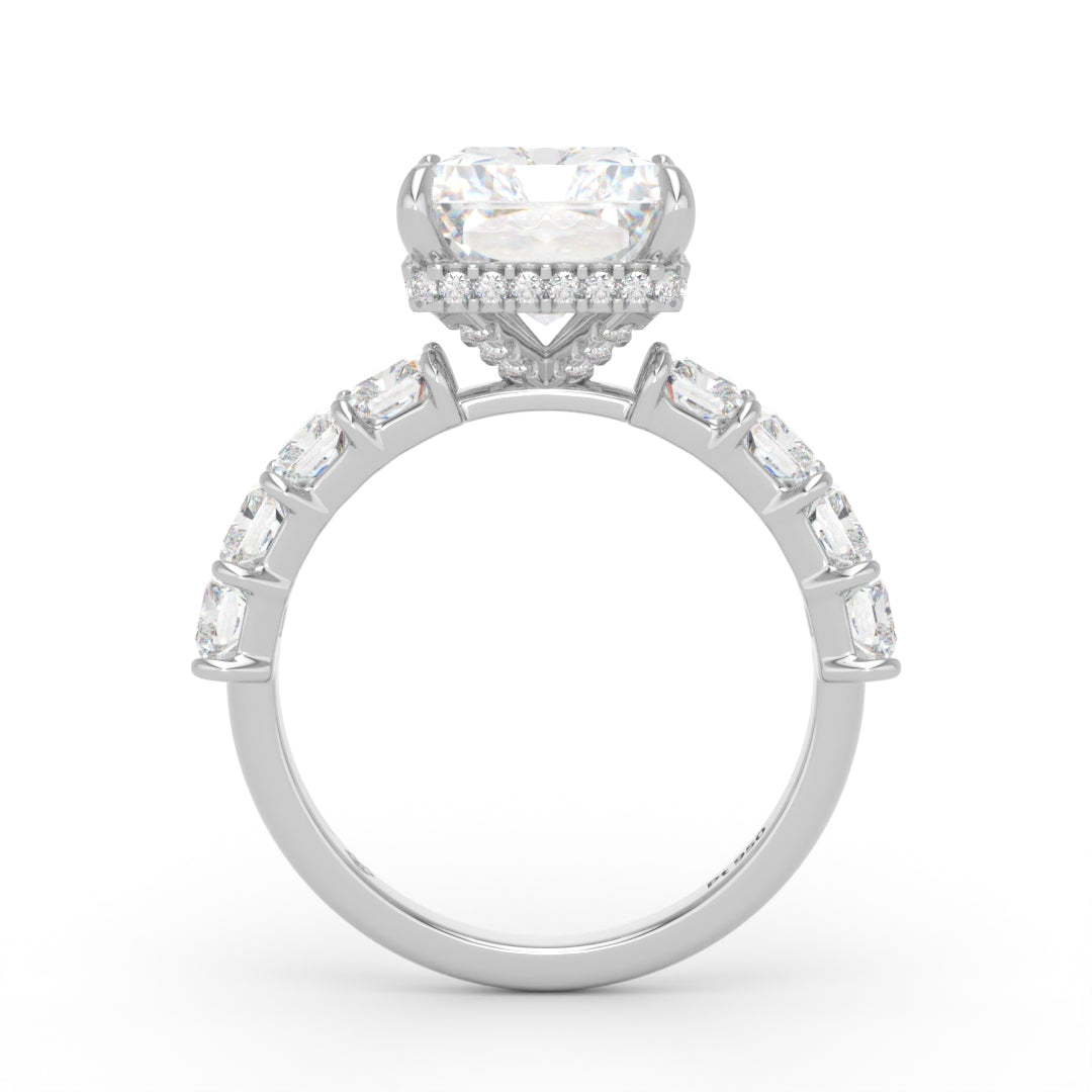 Vivien Radiant Brilliant Cut Engagement Ring with Radiant Brilliant Diamond Band and Wrap Around Hidden Halo