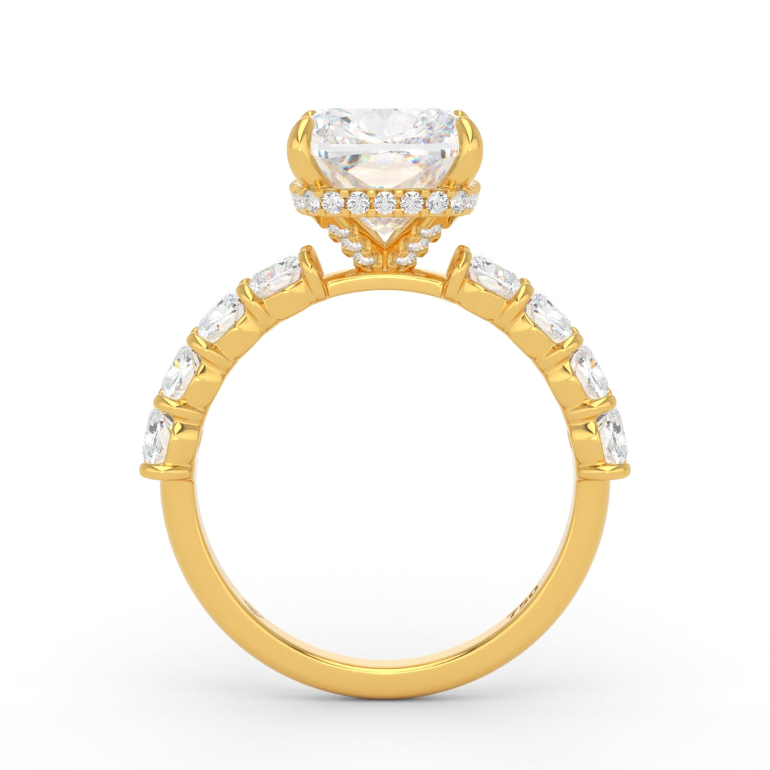 Vivien Cushion Brilliant Cut Engagement Ring with Cushion Brilliant Diamond Band and Wrap Around Hidden Halo