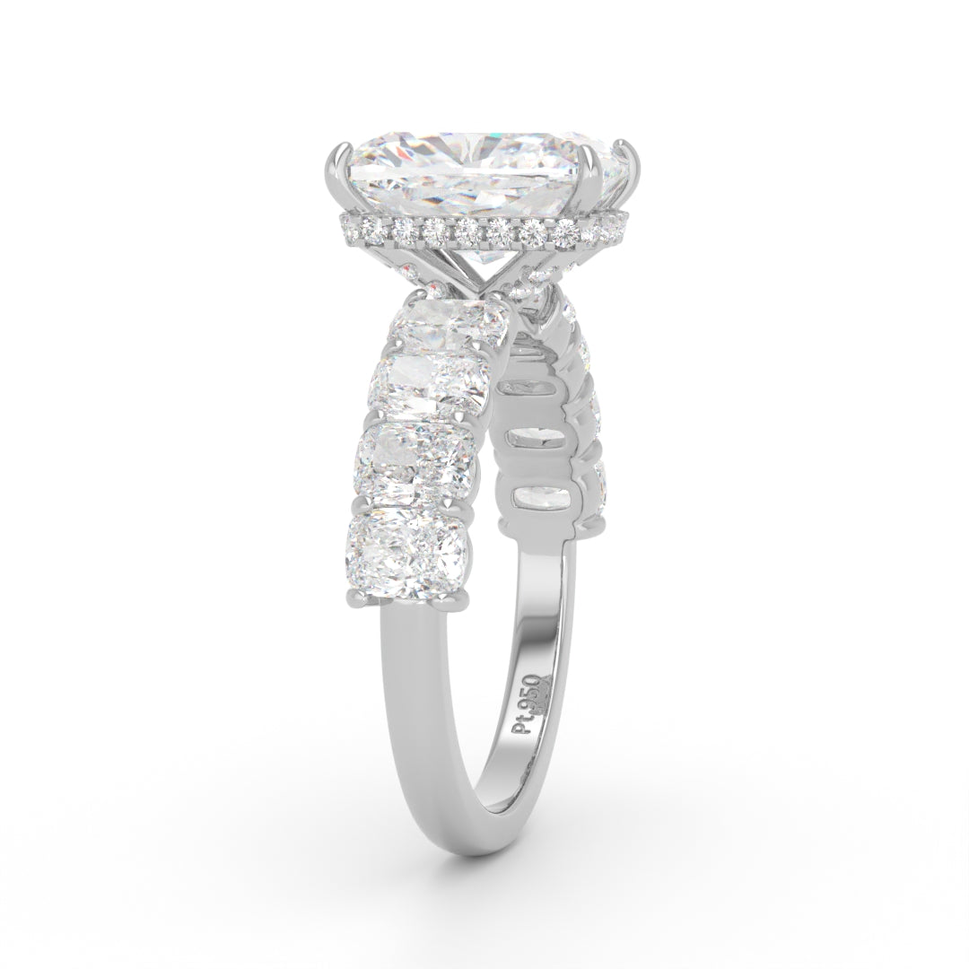 Vivien Cushion Brilliant Cut Engagement Ring with Cushion Brilliant Diamond Band and Wrap Around Hidden Halo