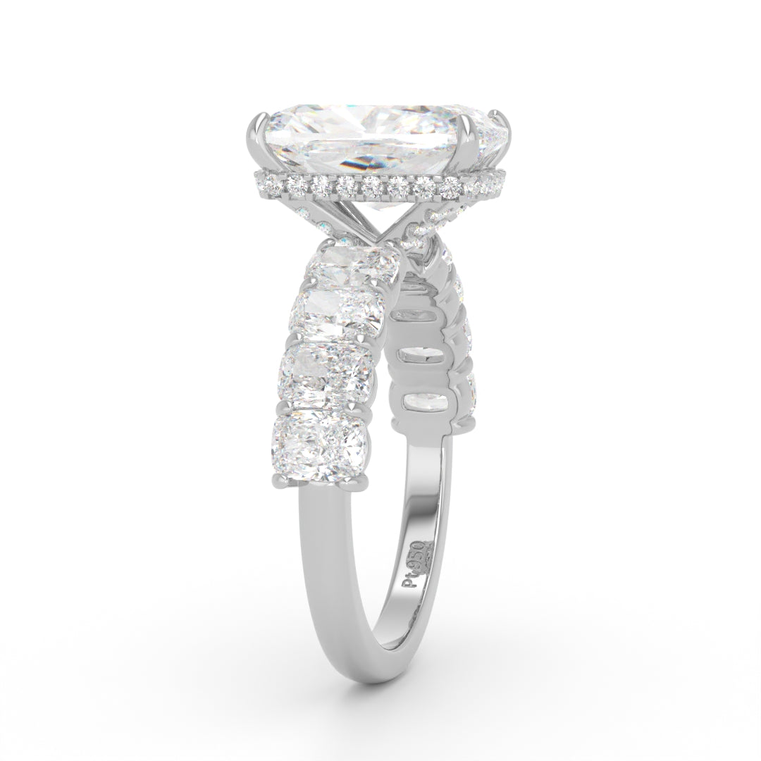 Vivien Cushion Brilliant Cut Engagement Ring with Cushion Brilliant Diamond Band and Wrap Around Hidden Halo