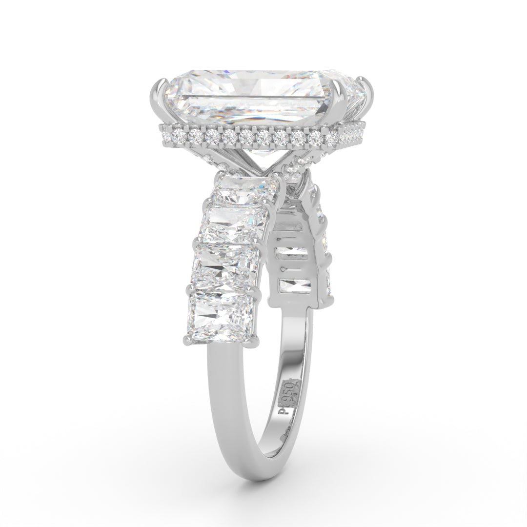 Vivien Radiant Brilliant Cut Engagement Ring with Radiant Brilliant Diamond Band and Wrap Around Hidden Halo