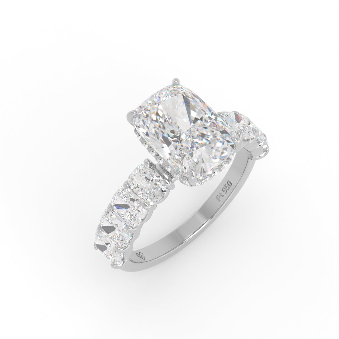 Vivien Cushion Brilliant Cut Engagement Ring with Cushion Brilliant Diamond Band and Wrap Around Hidden Halo
