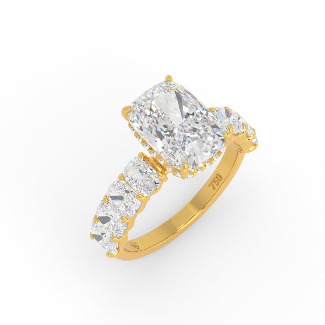 Vivien Cushion Brilliant Cut Engagement Ring with Cushion Brilliant Diamond Band and Wrap Around Hidden Halo