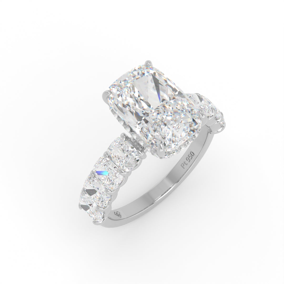 Vivien Cushion Brilliant Cut Engagement Ring with Cushion Brilliant Diamond Band and Wrap Around Hidden Halo