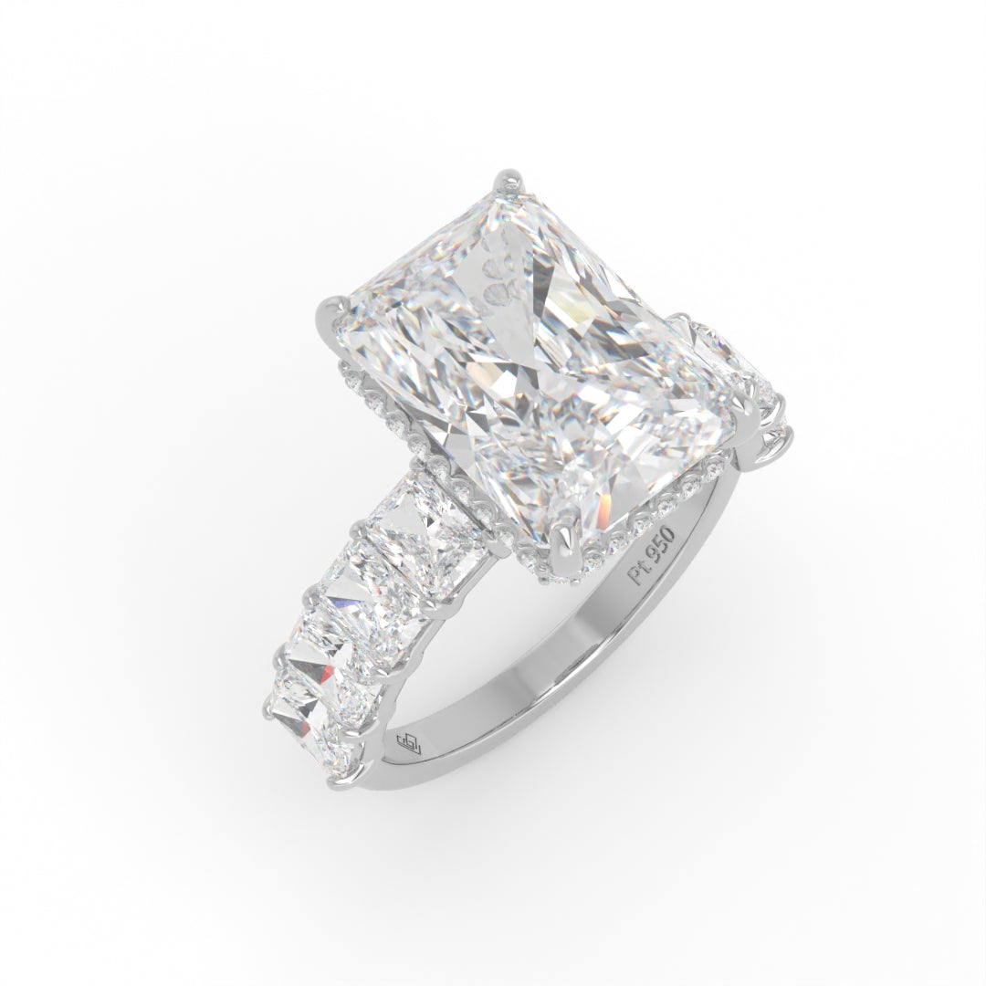Vivien Radiant Brilliant Cut Engagement Ring with Radiant Brilliant Diamond Band and Wrap Around Hidden Halo