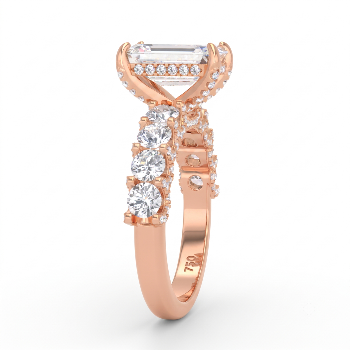 Juliette Emerald Lab-Grown Diamond Engagement Ring featuring a Half-Set Diamond Band, Hidden Halo, and Pavé U-Shaped Prong Setting