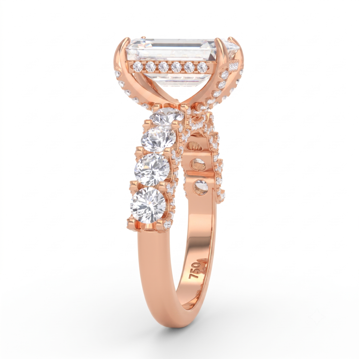 Juliette Emerald Lab-Grown Diamond Engagement Ring featuring a Half-Set Diamond Band, Hidden Halo, and Pavé U-Shaped Prong Setting